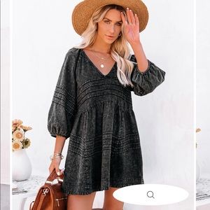 Vici IRVINE COTTON POCKETED DENIM BABYDOLL DRESS - VINTAGE BLACK